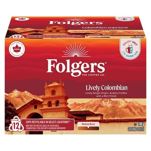 Folgers Coffee Pods Lively Colombian Medium Roast 12 K-Cups 108 g