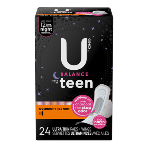 U by Kotex Teen Ultra Thin Overnight Pads With Wings 24 Count