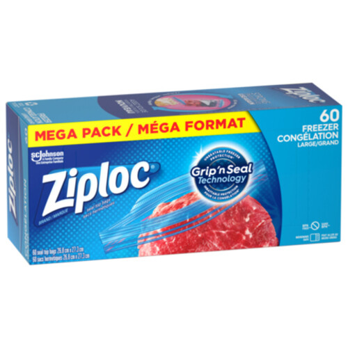 Ziploc Freezer Bags Grip 'n Seal Technology Large Mega Pack 60 Bags