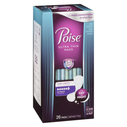 Poise Ultra Thin Ultimate Absorbency Pads Long 26 Count - Voilà Online ...