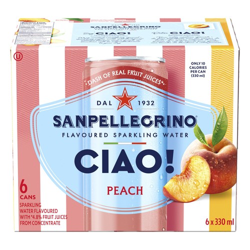 Sanpellegrino CIAO! Flavoured Sparkling Water Peach 6 x 330 ml (cans)