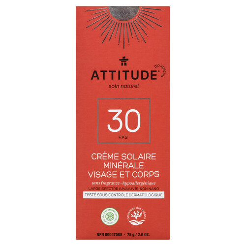 Attitude Mineral Face Sunscreen Fragrance Free SPF30 75 g
