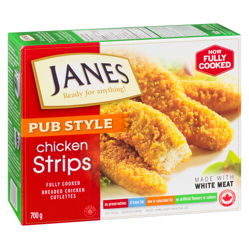 Janes Fully Cooked Frozen Chicken Breast Strips Pub Style 700 g