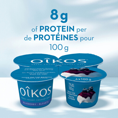 Oikos Greek Yogurt Blueberry Flavour Fruit on the Bottom 2% 4 x 100 g