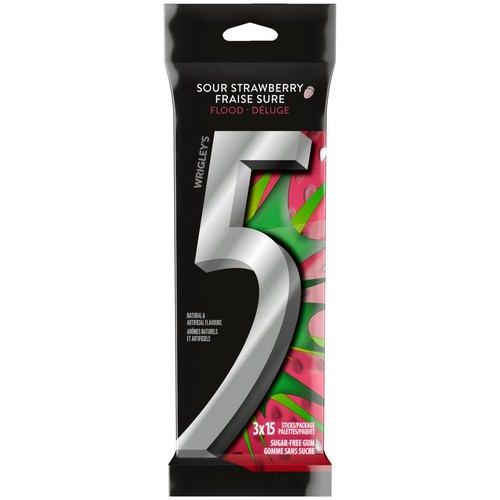 5 Sugar-Free Chewing Gum Sour Strawberry Flood 15 Sticks 3 Packs