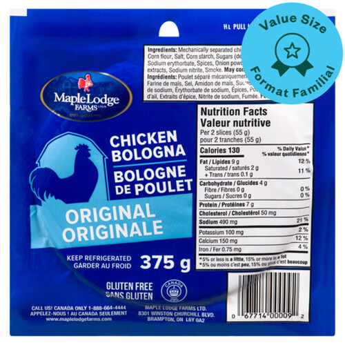 Maple Lodge Farms Gluten-Free Chicken Bologna Value Size 375 g
