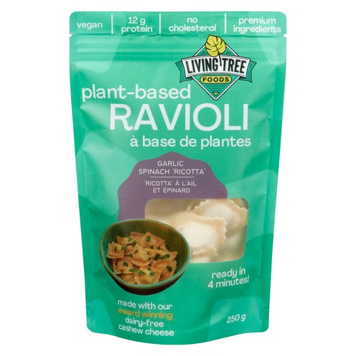 Living Tree Foods Frozen Plant Based Vegan Ravioli Garlic Spinach Ricotta 250 g