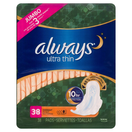Always Ultra Thin Pads Overnight With Wings 38 Count - Voilà Online  Groceries & Offers