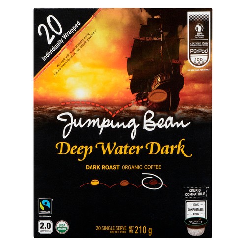 Jumping Bean Organic Coffee Pods Deep Water Dark Fairtrade 100% Compostable 20 K-Cups 210 g