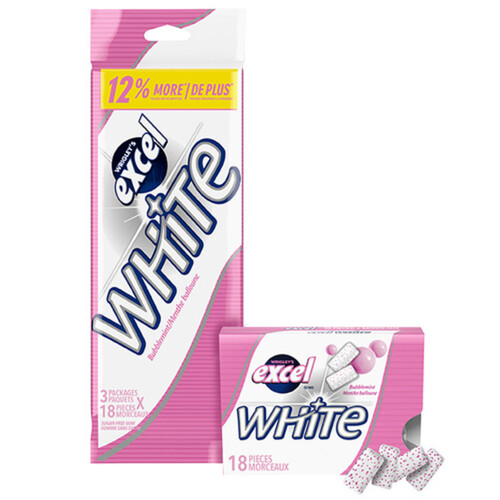 Excel Teeth Whitening Chewing Gum White Bubblemint 18 Pieces 3 Packs