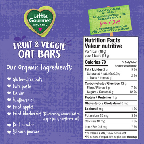 Little Gourmet Organic Fruit & Veggie Oat Bars Apple Blueberry Spinach 90 g