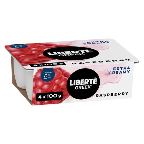 Liberté Greek 5% Extra Creamy Yogurt Raspberry High Protein 4 x 100 g