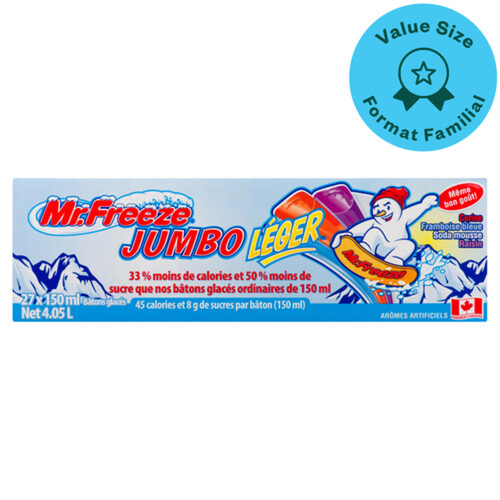 Mr. Freeze Lite Freezies 50% Less Sugar Assorted Jumbo 27 x 150 ml 