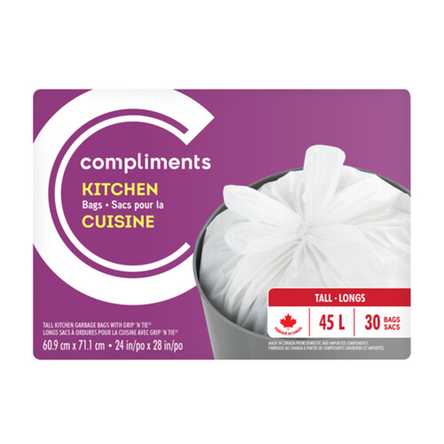 Compliments Kitchen Garbage Bags Unscented Tall 45 L 30 Bags