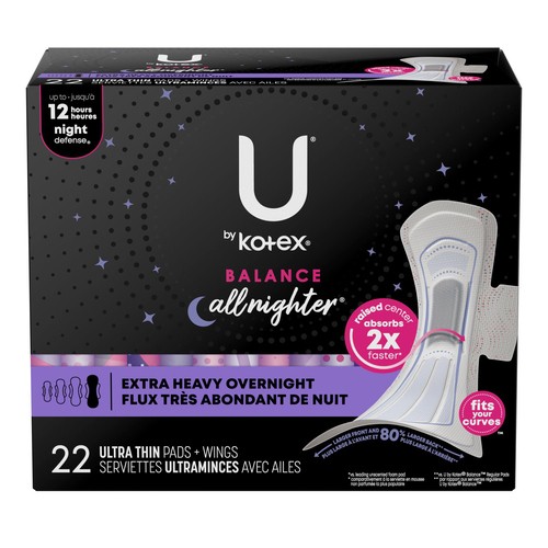 U by Kotex Balance Ultra Thin Pads Extra Heavy Overnight With Wings 22 Count
