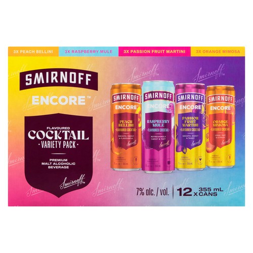 Smirnoff Encore Mix Cocktails Alcholic Beverage 7% Alcohol 12 x 355 ml (can)