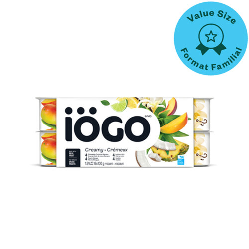 iÖGO Creamy Yogurt Pineapple-Coconut-Banana Vanilla Lemon-Lime Peach-Mango 1.5% 16 x 100 g