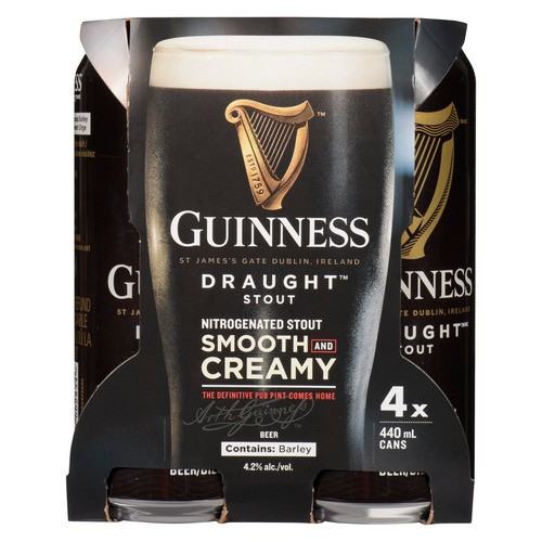 Guinness Beer 4.2% Alcohol Draught Stout 4 x 440 ml (cans)
