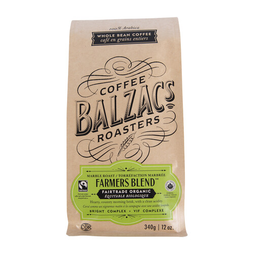 Balzac's Fairtrade Organic Whole Bean Coffee Farmers Blend 340 g