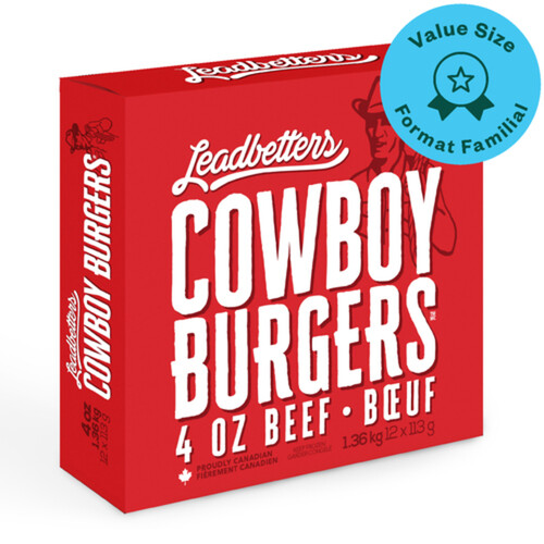 Leadbetters Cowboy Frozen Burgers 4 oz Beef Value Size 1.36 kg