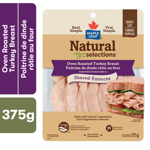 Maple Leaf Natural Selections Deli Turkey Breast Shaved Oven Roasted Family Size 375 g