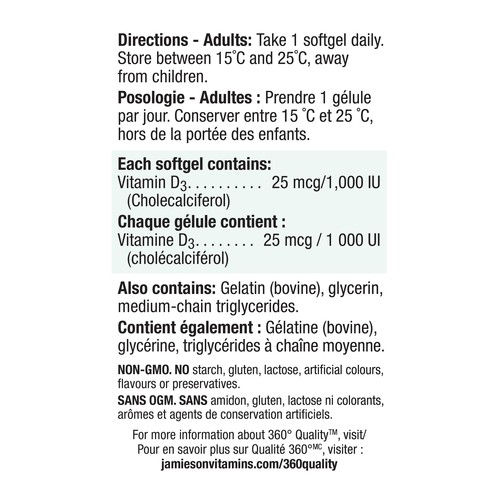 Jamieson Vitamin D Supplements 1000IU Softgels 180 Count