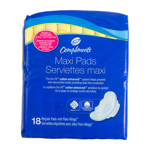 Compliments Maxi Pads Regular with Wings 18 Count