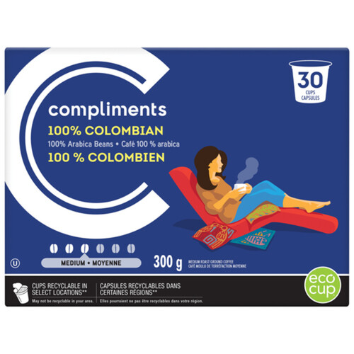 Compliments Coffee Pods 100% Colombian Medium Roast 30 Pods