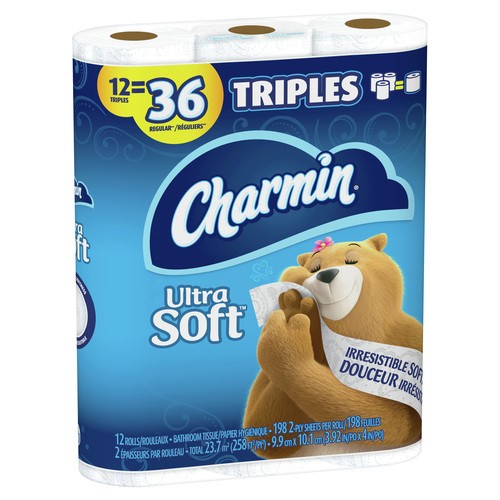 Charmin Toilet Paper Ultra Soft 2-Ply 12 Triple Rolls x 198 Sheets 