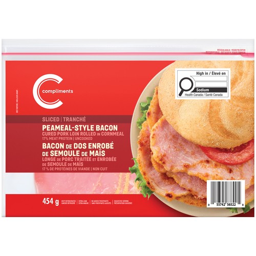 Compliments Peameal-Style Sliced Cured Pork Loin Rolled in Cornmeal Bacon 454 g
