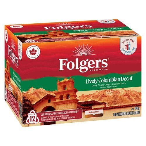 Folgers Decaffeinated Coffee Lively Colombian Medium Roast 12 K-Cups 108 g