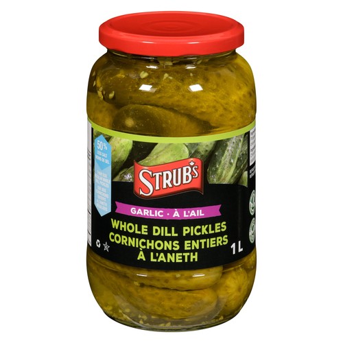 Strub's Whole Dill Pickles 50% Less Salt Garlic 1 L