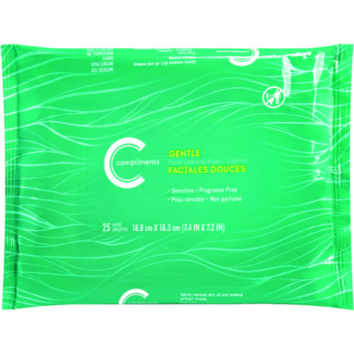 Compliments Facial Cleansing Wipes Gentle 25 Count
