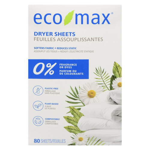 Eco-Max Dryer Sheets 0% Fragrance Or Dyes 80 Count