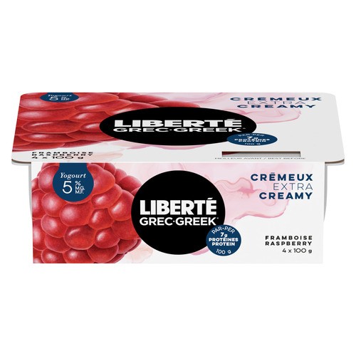 Liberté Greek 5% Extra Creamy Yogurt Raspberry High Protein 4 x 100 g