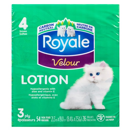Royale Velour Lotion Facial Tissues 3 Ply 54 x 4 Boxes 216 Sheets