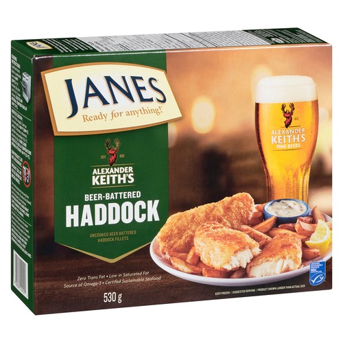 Janes Alexander Keith's Frozen Uncooked Haddock Fillets Beer Battered 530 g