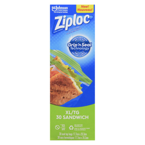 Ziploc Sandwich Bags Grip 'n Seal Technology XL 30 Bags