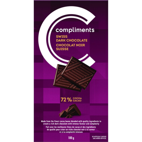 Compliments Chocolate Bar 72% Cocoa Swiss Dark 100 g