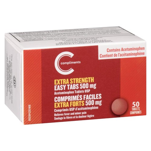 Compliments Acetaminophen Tablets Extra Strength Easy Tabs 500 mg 50 Count