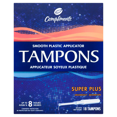 Compliments Smooth Plastic Applicator Tampons Super Plus Absorbency Unscented 18 Count