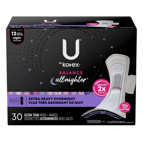 U by Kotex Balance Ultra Thin Pads Extra Heavy Overnight With Wings 30 Count
