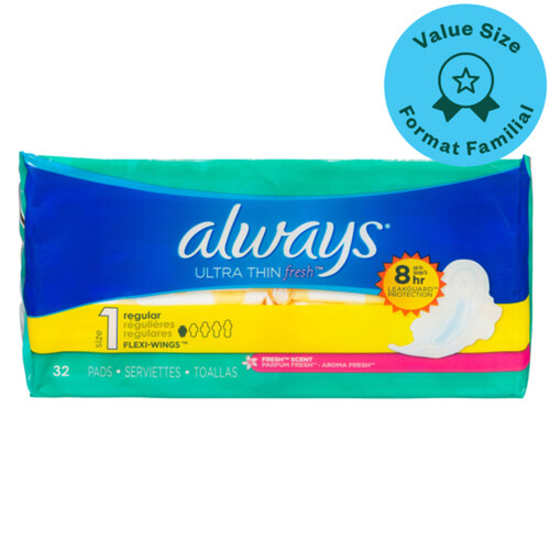 Always Ultra Thin Pads Size 1 Regular Flexi Wings Fresh Scent 32 Count