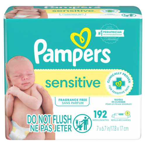 Pampers Baby Wipes Sensitive Perfume-Free 3 x Refill Packs 192 Count