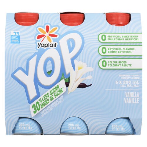 Yoplait Yop Less Sugar Drinkable Yogurt Vanilla 6 x 200 ml 