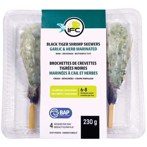 IFC Frozen Black Tiger Shrimp Skewers Marinated Garlic & Herb 230 g