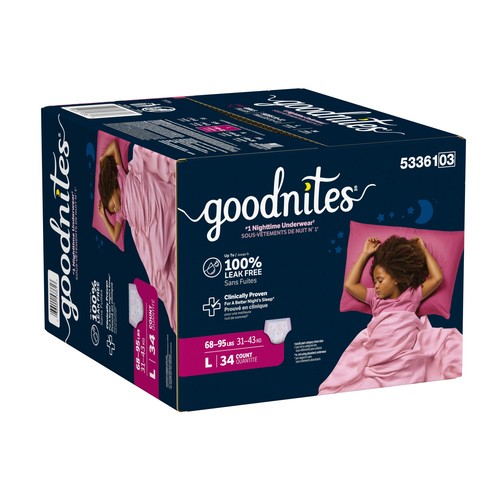 Goodnites Girls Nighttime Underwear Size L (68-95 lbs) 34 Count