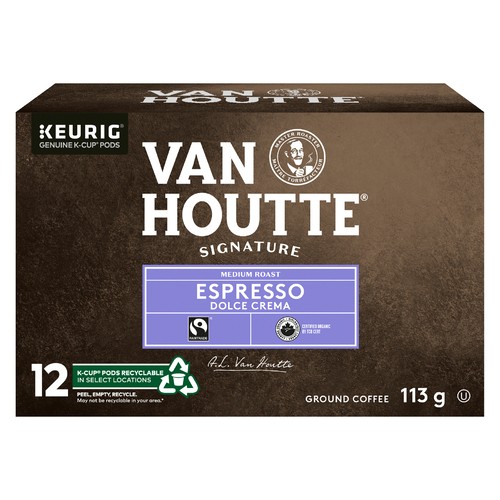 Van Houtte Organic Coffee Pods Fair Trade Espresso Dolce Crema 10 K-Cups 113 g