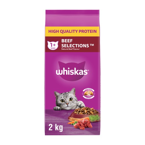 Whiskas Beef Selections Adult Dry Cat Food Natural Beef Flavour 2 kg