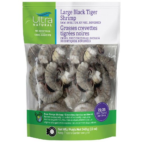 Ultra Frozen Black Tiger Shrimp Raw Shell-On Ez Peel Large 340 g